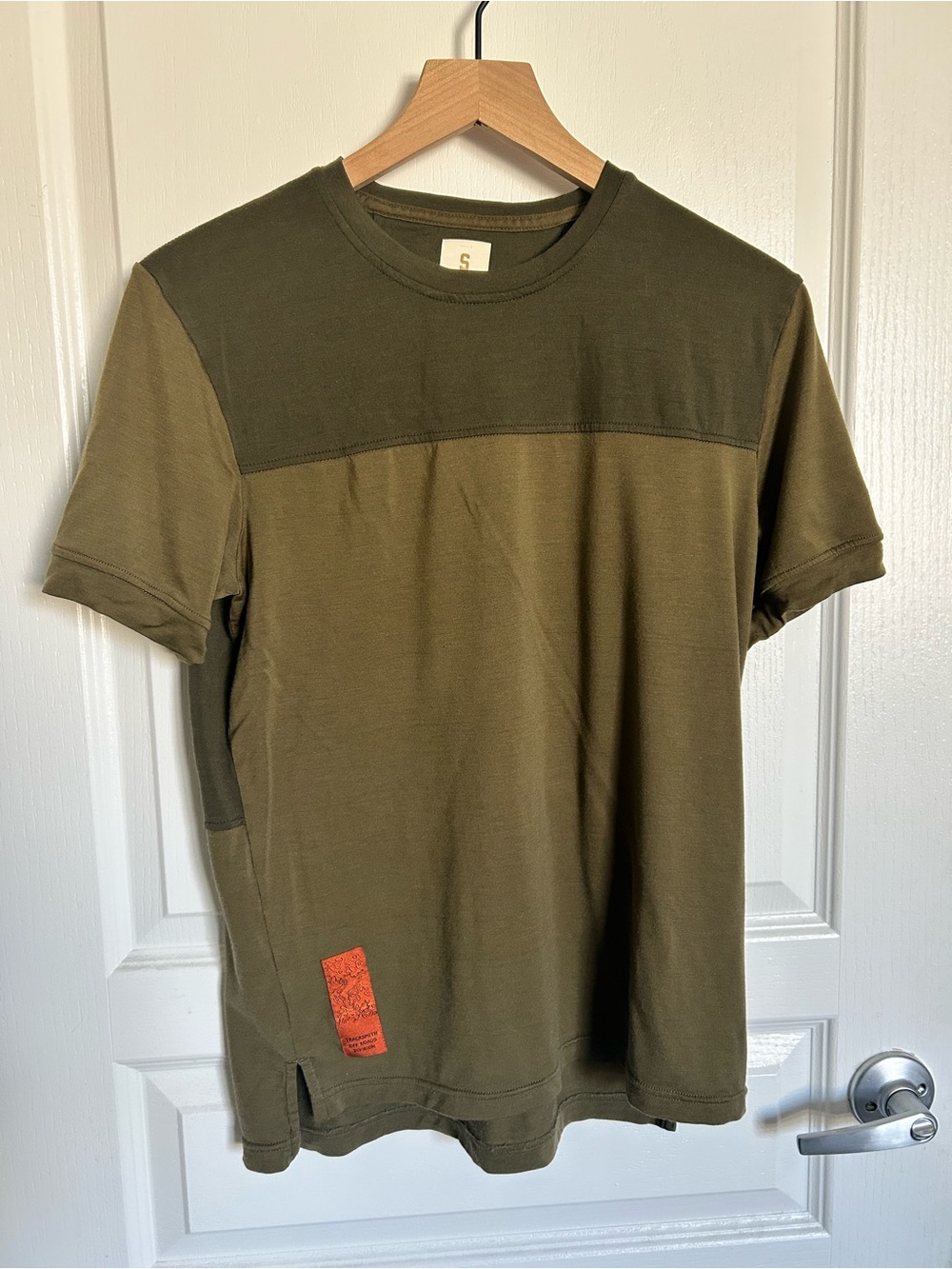 Tracksmith Olive Two-Tone Short Sleeve Crewneck with Orange Tag